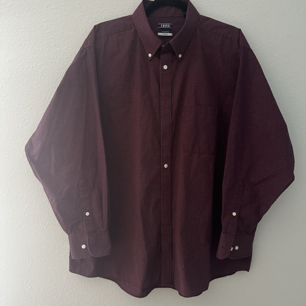 IZOD Mens XL 17-17.5 32/33 Red Blue Plaid Stretch Long Sleeve Button Down Shirt